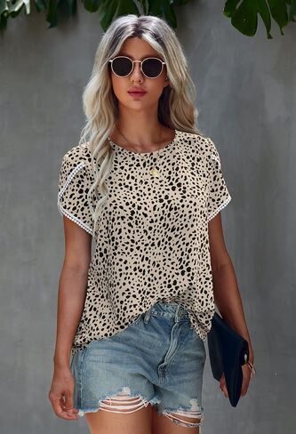 Angashion Women's Tops Casual Floral Print Lace Crochet Short Sleeve Crewneck Summer Loose Blouse Shirt Tunic Top in Kuwait