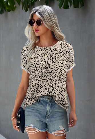 Angashion Women's Tops Casual Floral Print Lace Crochet Short Sleeve Crewneck Summer Loose Blouse Shirt Tunic Top in Kuwait