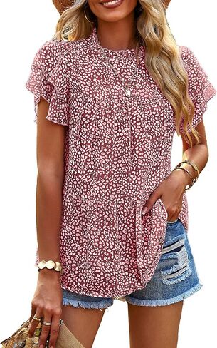 PRETTYGARDEN المرأة عارضة الصيف قمم كشكش قصيرة الأكمام وهمية الرقبة الأزياء الأزهار بلوزة شيفون قمصان in Kuwait
