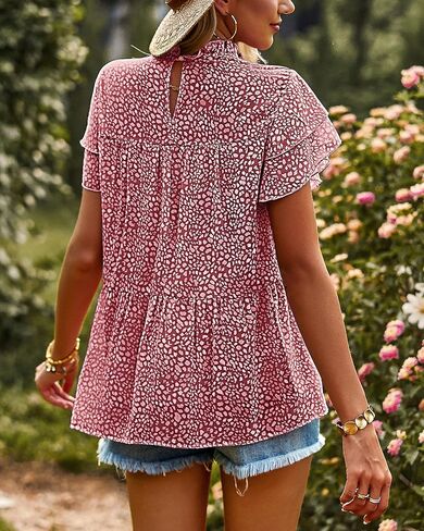 PRETTYGARDEN المرأة عارضة الصيف قمم كشكش قصيرة الأكمام وهمية الرقبة الأزياء الأزهار بلوزة شيفون قمصان in Kuwait