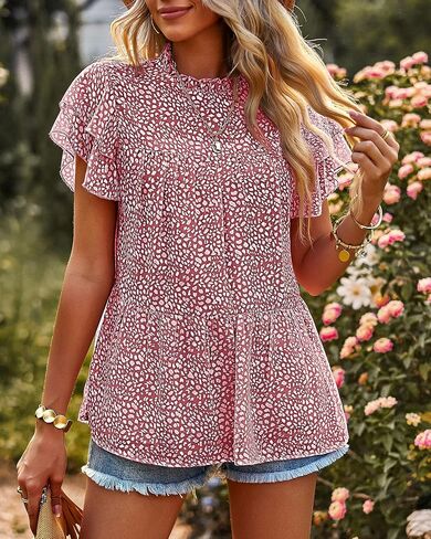 PRETTYGARDEN المرأة عارضة الصيف قمم كشكش قصيرة الأكمام وهمية الرقبة الأزياء الأزهار بلوزة شيفون قمصان in Kuwait