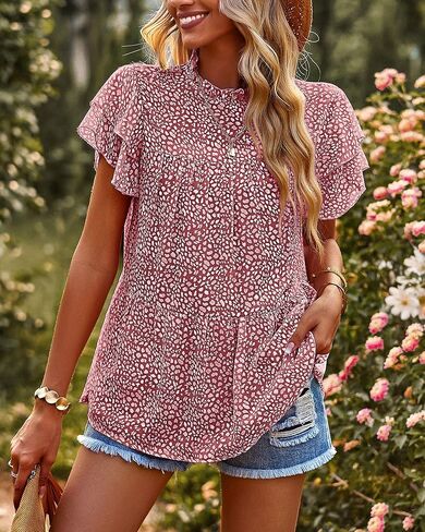 PRETTYGARDEN المرأة عارضة الصيف قمم كشكش قصيرة الأكمام وهمية الرقبة الأزياء الأزهار بلوزة شيفون قمصان in Kuwait