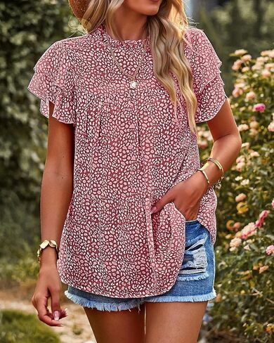 PRETTYGARDEN المرأة عارضة الصيف قمم كشكش قصيرة الأكمام وهمية الرقبة الأزياء الأزهار بلوزة شيفون قمصان in Kuwait