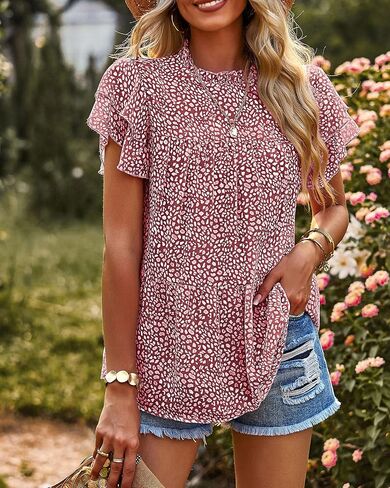 PRETTYGARDEN المرأة عارضة الصيف قمم كشكش قصيرة الأكمام وهمية الرقبة الأزياء الأزهار بلوزة شيفون قمصان in Kuwait