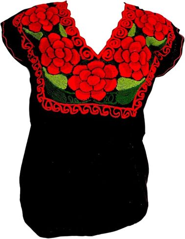 Casa Fiesta Designs بلوزة مكسيكية زهرية - بلوزة تشياباس أصلية مطرزة - مصنوعة يدويًا - سوداء مع زهور حمراء in Kuwait