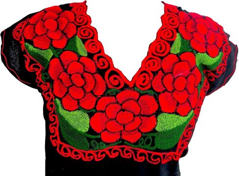 Casa Fiesta Designs بلوزة مكسيكية زهرية - بلوزة تشياباس أصلية مطرزة - مصنوعة يدويًا - سوداء مع زهور حمراء in Kuwait