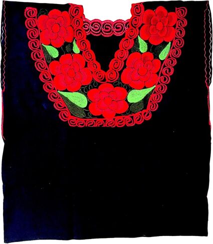 Casa Fiesta Designs بلوزة مكسيكية زهرية - بلوزة تشياباس أصلية مطرزة - مصنوعة يدويًا - سوداء مع زهور حمراء in Kuwait