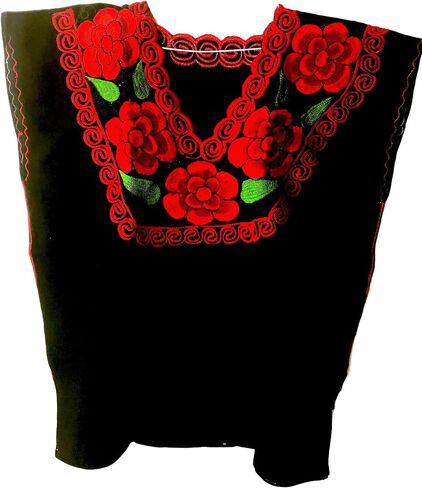 Casa Fiesta Designs بلوزة مكسيكية زهرية - بلوزة تشياباس أصلية مطرزة - مصنوعة يدويًا - سوداء مع زهور حمراء in Kuwait