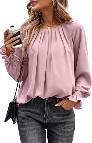 Theenkoln Womens Pleated Tunic Tops: Crew Neck Long Sleeve Solid Color Casual Trendy Work Business Blouses Tops in Kuwait