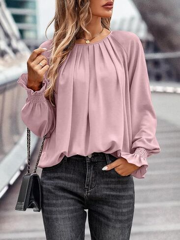 Theenkoln Womens Pleated Tunic Tops: Crew Neck Long Sleeve Solid Color Casual Trendy Work Business Blouses Tops in Kuwait