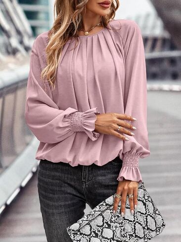 Theenkoln Womens Pleated Tunic Tops: Crew Neck Long Sleeve Solid Color Casual Trendy Work Business Blouses Tops in Kuwait