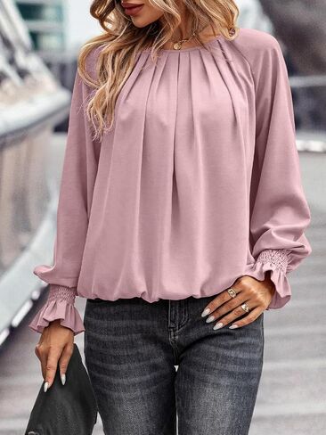 Theenkoln Womens Pleated Tunic Tops: Crew Neck Long Sleeve Solid Color Casual Trendy Work Business Blouses Tops in Kuwait