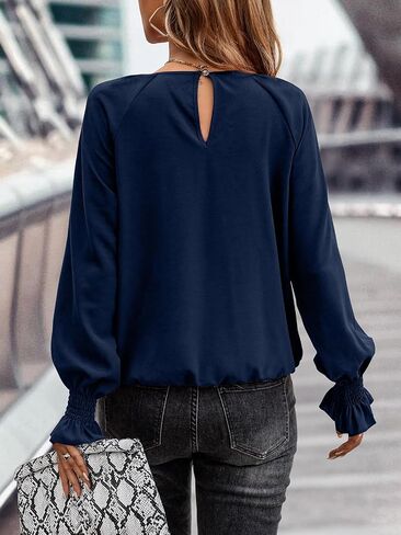 Theenkoln Womens Pleated Tunic Tops: Crew Neck Long Sleeve Solid Color Casual Trendy Work Business Blouses Tops in Kuwait