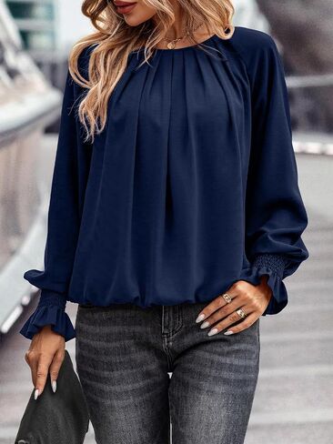 Theenkoln Womens Pleated Tunic Tops: Crew Neck Long Sleeve Solid Color Casual Trendy Work Business Blouses Tops in Kuwait