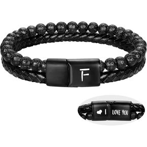 Leather Beaded Bracelets for Men I Love You Gifts for Him Initial Bracelets Lava Rock Bead Anxiety Relief Letter A-Z Cuff Bangle Birthday Retirement Anniversary Christmas Jewelry for Boyfriend Dad Husband Brother Son
