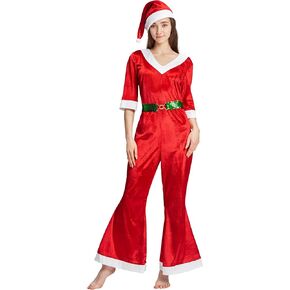 AlecosFun Women Christmas Costume, Xmas Jumpsuit Hat Belt Set for Adult Woman Cosplay Mrs. Santa Claus Furry Flared Outfit in Kuwait