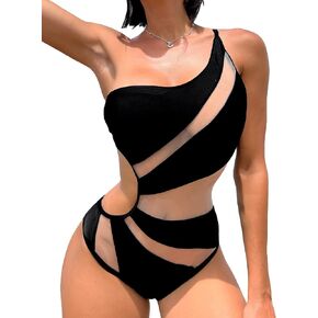 WDIRARA Women's One Shoulder Cut Out Mesh Contrast Sexy One Piece Swimsuit Bikini