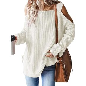 CUPSHE Women's Casual Cold Shoulder Sweaters Square Neck Oversized Pullover with Long Sleeves
