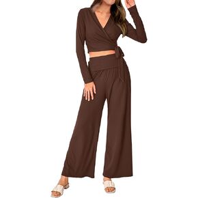 ملابس NOLLSOM النسائية لخريف قطعتين 2023 طقم صالة غير رسمي كم طويل Bodycon مضلع المحاصيل الأعلى بنطال ذو قصة أرجل واسعة بدلة رياضية in Kuwait