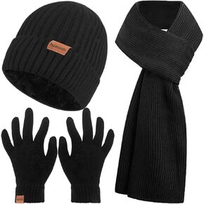 3PCS Winter Beanie Hat Scarf Touchscreen Gloves Set for Men and Women, Knitted Fleece Lined Hats Thermal Gloves Long Scarf
