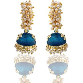 Moonstruck Golden Meenakari Jhumkas With White Pearls For Women (Green)