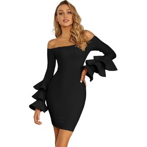 فستان Maketina نسائي مثير بأشرطة مكشكشة وأكمام طويلة فساتين ضيقة متوسطة الطول للحفلات in Kuwait