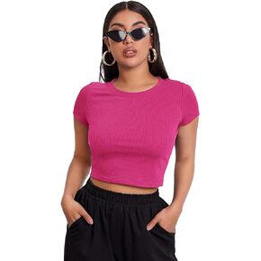 MakeMeChic Women's Cap Sleeve Round Neck Rib Knit Top T Shirt Slim Crop Tee
