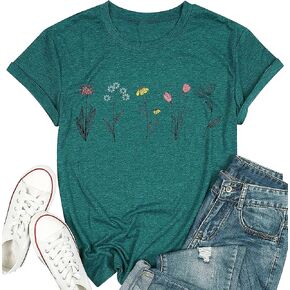 Wildflower Shirts for Women Causal Summer Flower Graphic Tees Cute Garden Plant Lover Tshirts Tops