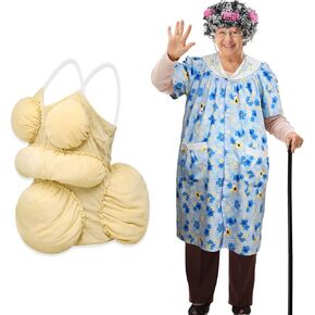 Yaomiao 8Pcs Old Lady Costume Set for Women Fat Suits Grandma Dress Suits Short Sleeve Robe Granny Wig Crutch