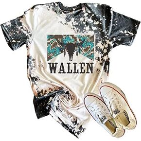 Retro Steer Skull Western T-Shirt Wallen Country Music Shirt Vintage Bleached Rodeo Casual Short Sleeve Tops