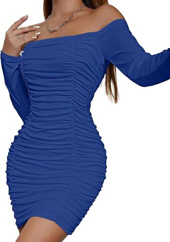 LYANER Women's Off Shoulder Ruched Long Sleeve Party Club Mini Bodycon Dress in Kuwait