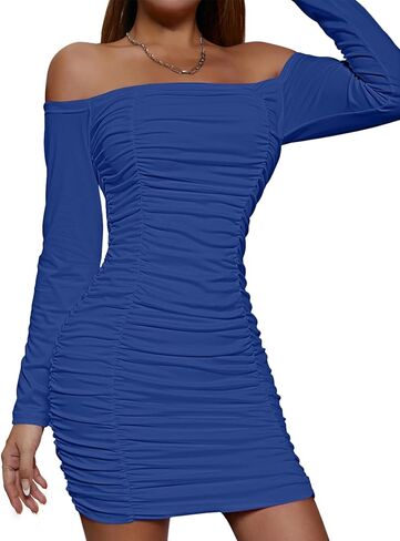 LYANER Women's Off Shoulder Ruched Long Sleeve Party Club Mini Bodycon Dress in Kuwait
