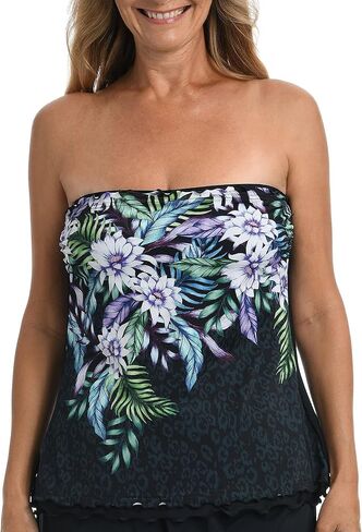 Maxine of Hollywood Women's Standard Ruffle Bandeau Tankini Swimsuit Top, Black//Fiji Floral, 12 in Kuwait