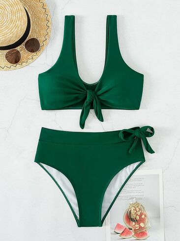 بدلة سباحة نسائية من GORGLITTER مكونة من قطعتين مربوطة بيكيني بدلة استحمام عالية الخصر in Kuwait