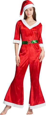 زي عيد الميلاد للنساء من AlecosFun، مجموعة حزام قبعة عيد الميلاد للسيدات البالغات، أزياء السيدة سانتا كلوز ذات الفراء المتوهج in Kuwait