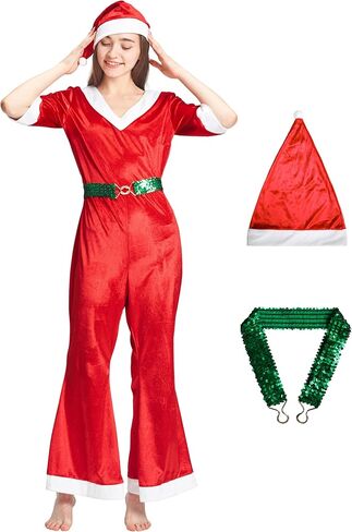 زي عيد الميلاد للنساء من AlecosFun، مجموعة حزام قبعة عيد الميلاد للسيدات البالغات، أزياء السيدة سانتا كلوز ذات الفراء المتوهج in Kuwait