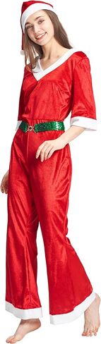 زي عيد الميلاد للنساء من AlecosFun، مجموعة حزام قبعة عيد الميلاد للسيدات البالغات، أزياء السيدة سانتا كلوز ذات الفراء المتوهج in Kuwait
