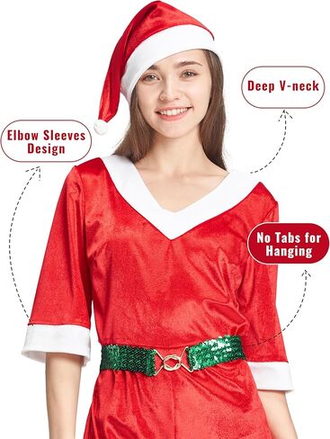 زي عيد الميلاد للنساء من AlecosFun، مجموعة حزام قبعة عيد الميلاد للسيدات البالغات، أزياء السيدة سانتا كلوز ذات الفراء المتوهج in Kuwait