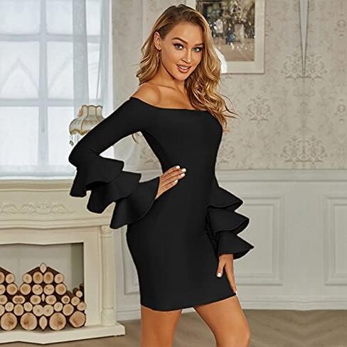 فستان Maketina نسائي مثير بأشرطة مكشكشة وأكمام طويلة فساتين ضيقة متوسطة الطول للحفلات in Kuwait