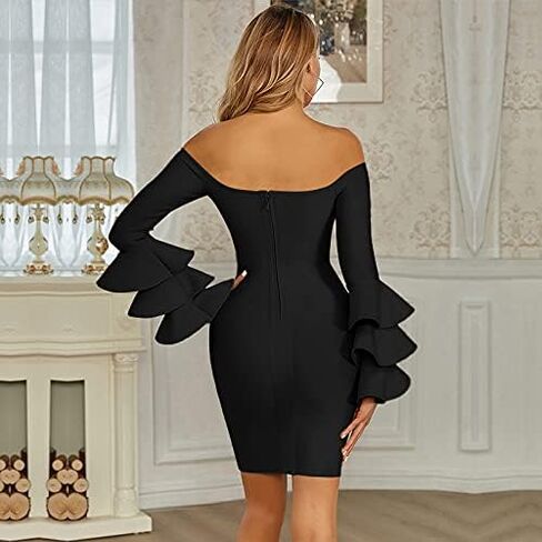 فستان Maketina نسائي مثير بأشرطة مكشكشة وأكمام طويلة فساتين ضيقة متوسطة الطول للحفلات in Kuwait