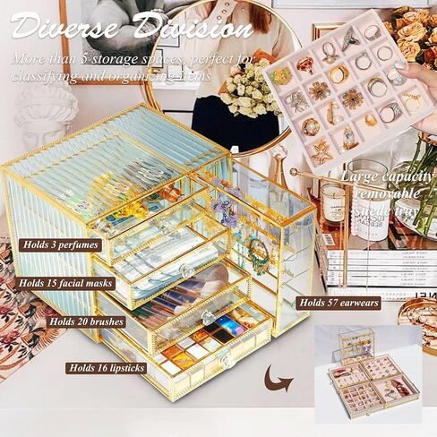 Jewelry Box Tempered Glass 5-Drawer Jewelry Organizers and storage, Large Jewelry Boxes & Organizers With Velvet Necklaces Earring Organizer. in Kuwait
