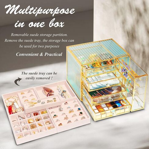Jewelry Box Tempered Glass 5-Drawer Jewelry Organizers and storage, Large Jewelry Boxes & Organizers With Velvet Necklaces Earring Organizer. in Kuwait
