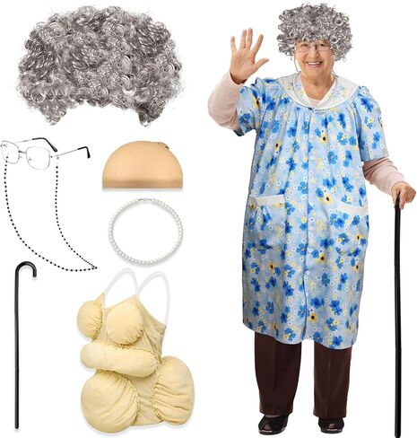 Yaomiao 8Pcs Old Lady Costume Set for Women Fat Suits Grandma Dress Suits Short Sleeve Robe Granny Wig Crutch in Saudi Arabia