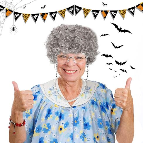 Yaomiao 8Pcs Old Lady Costume Set for Women Fat Suits Grandma Dress Suits Short Sleeve Robe Granny Wig Crutch in Saudi Arabia