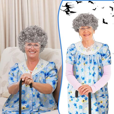 Yaomiao 8Pcs Old Lady Costume Set for Women Fat Suits Grandma Dress Suits Short Sleeve Robe Granny Wig Crutch in Saudi Arabia