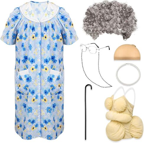 Yaomiao 8Pcs Old Lady Costume Set for Women Fat Suits Grandma Dress Suits Short Sleeve Robe Granny Wig Crutch in Saudi Arabia