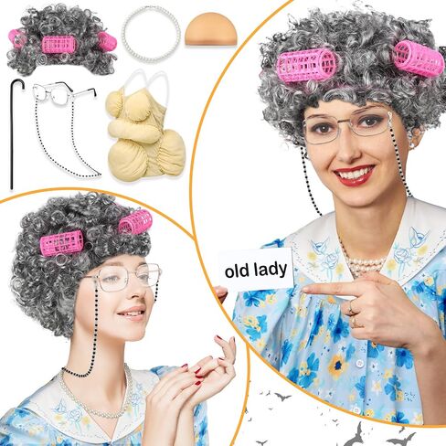 Yaomiao 8Pcs Old Lady Costume Set for Women Fat Suits Grandma Dress Suits Short Sleeve Robe Granny Wig Crutch in Kuwait
