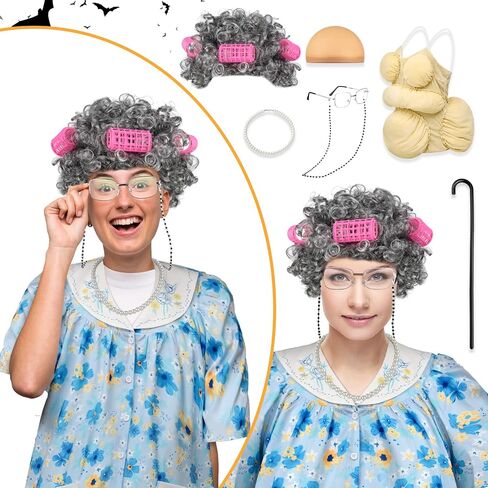 Yaomiao 8Pcs Old Lady Costume Set for Women Fat Suits Grandma Dress Suits Short Sleeve Robe Granny Wig Crutch in Kuwait
