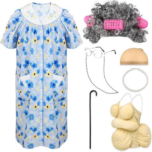 Yaomiao 8Pcs Old Lady Costume Set for Women Fat Suits Grandma Dress Suits Short Sleeve Robe Granny Wig Crutch in Kuwait