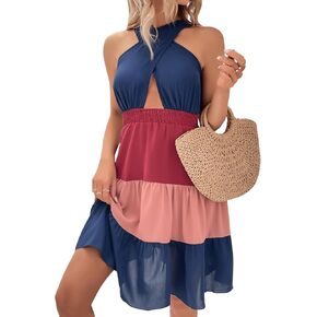 SweatyRocks Women's Criss Cross Halter Wrap Dress Color Block Sleeveless Ruffle Hem Short Dresses